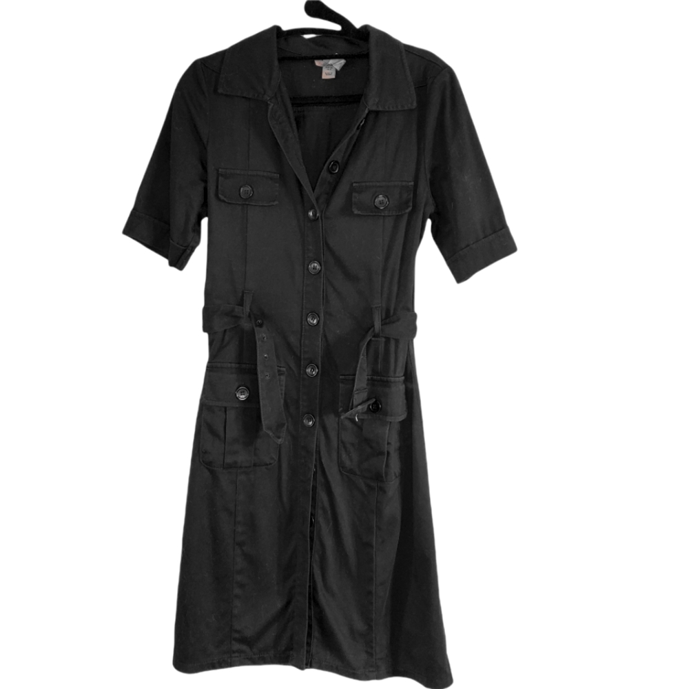 H&M black casual shirt dress belted button front sz 6